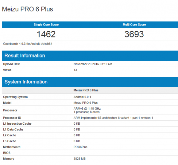 В Geekbench появился смартфон Meizu Pro 6 Plus с SoC Exynos 8890