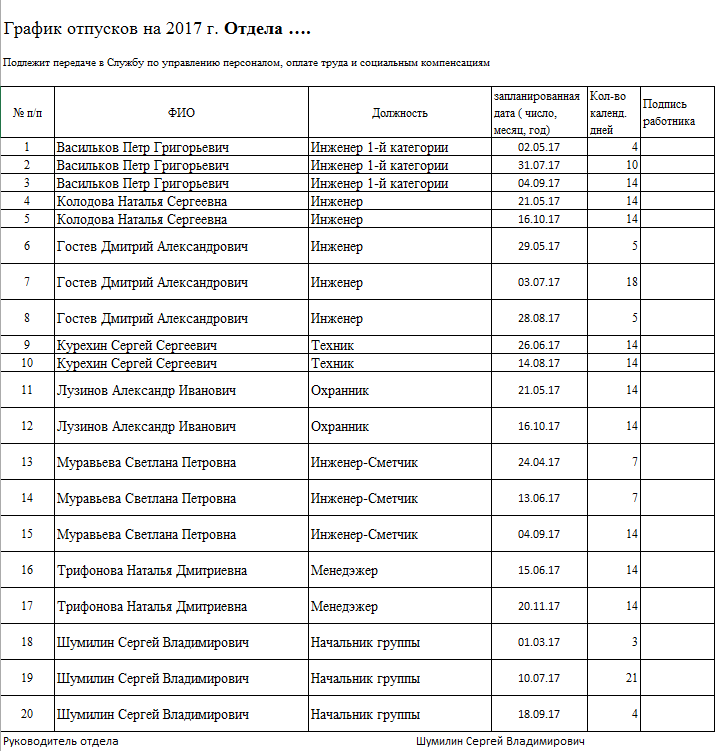 Шаблон графика отпусков (или графика обучения или иного графика) в MS Excel файле - 1