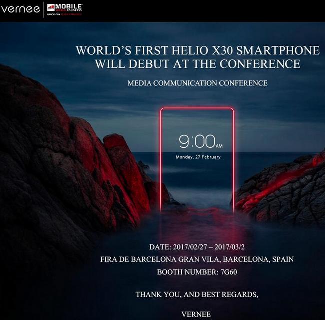 Vernee подтвердила анонс первого смартфона с SoC Helio X30 на MWC 2017