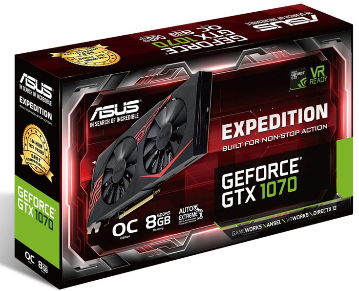 Конструкция системы охлаждения Asus Expedition GTX 1070 включает два вентилятора