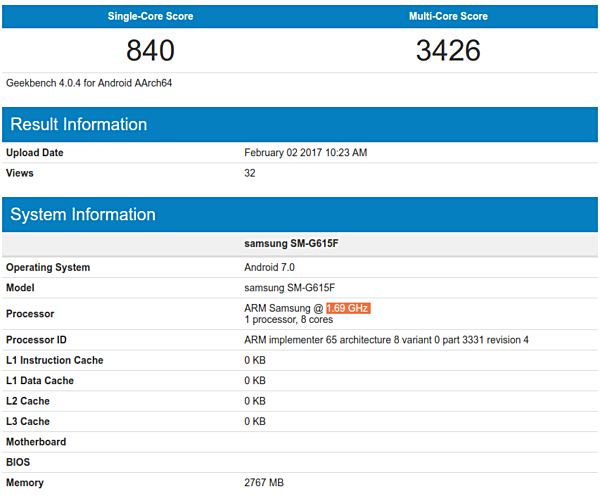 Смартфон Samsung SM-G615F получил дисплей диагональю 5,7 дюйма, 3 ГБ ОЗУ и Android 7.0 