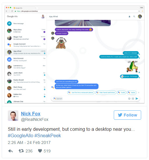 Клиент Google Allo для ПК в разработке