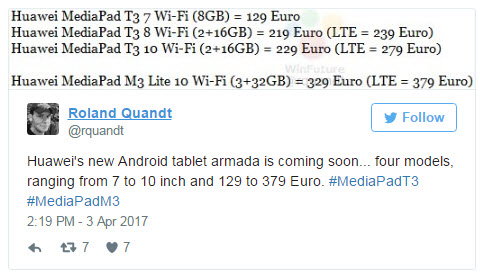 Опубликованы характеристики и цены планшетов Huawei MediaPad T3 и M3 Lite 10