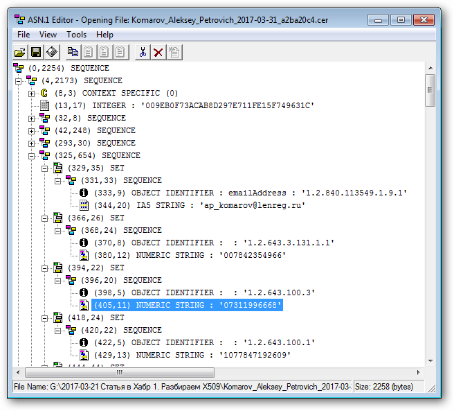 Просмотр квалифицированного сертификата в редакторе ASN.1 Editor