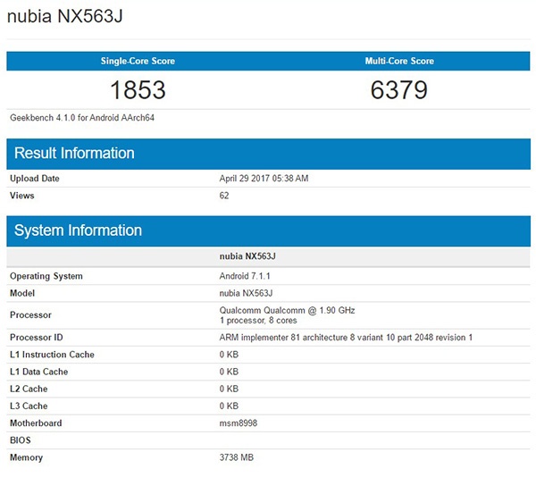 Смартфон ZTE Nubia NX569J засветился в бенчмарке Geekbench