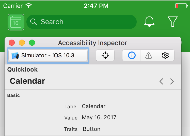Инспектирование accessibility свойств кнопки календарь через Acessibility Inspector