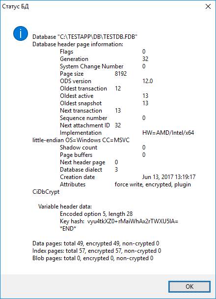 Статус зашифрованной БД