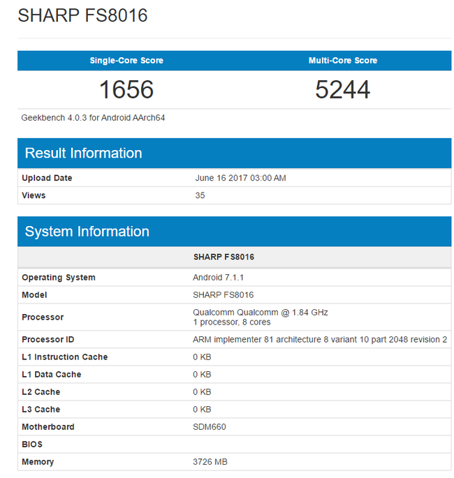 Смартфон Sharp FS8016 с SoC Snapdragon 660 протестирован в Geekbench