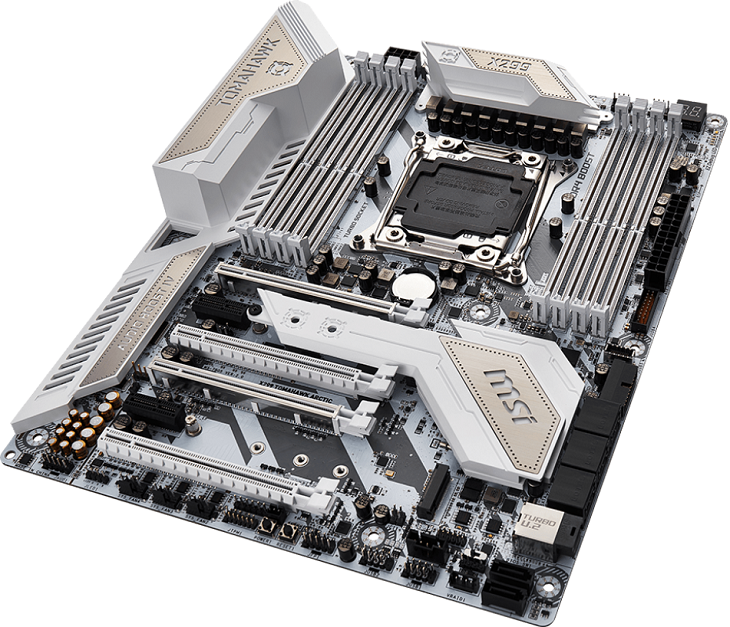 Плата MSI X299 Tomahawk Arctic выделяется светлым оформлением