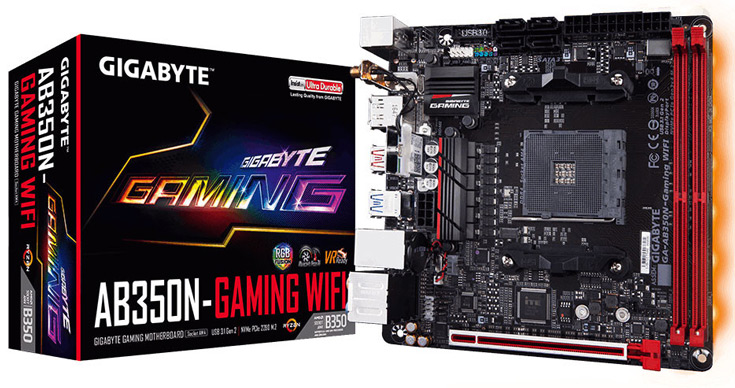 Системная плата Gigabyte AB350N-Gaming WiFi  типоразмера mini-ITX рассчитана на процессоры AMD в исполнении AM4