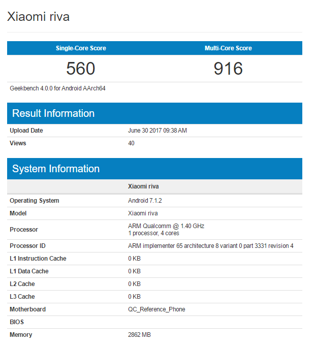 Бюджетный смартфон Xiaomi Riva работает под управлением Android 7.1.2