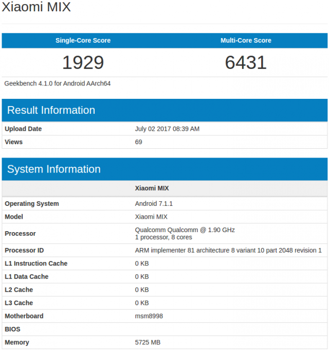 Безрамочный смартфон Xiaomi Mi Mix 2 замечен в Geekbench