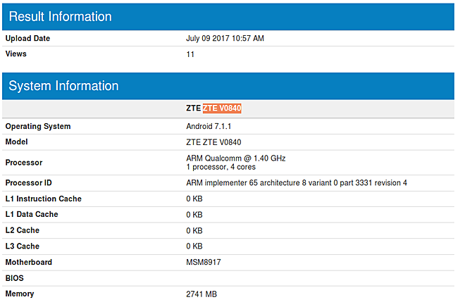 Смартфон ZTE V0840 работает под управлением ОС Android 7.1.1