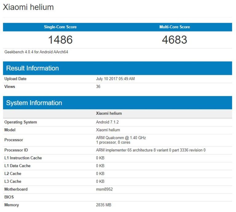 В Geekbench протестирован смартфон Xiaomi Helium