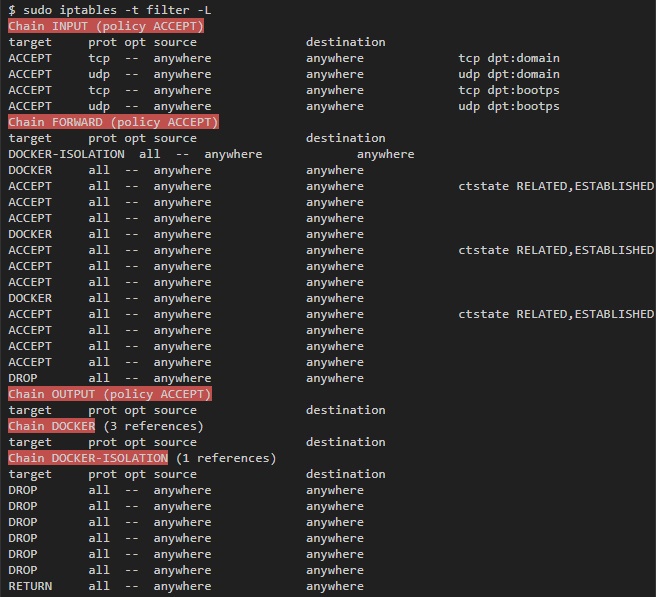 sudo iptables -t filter -L