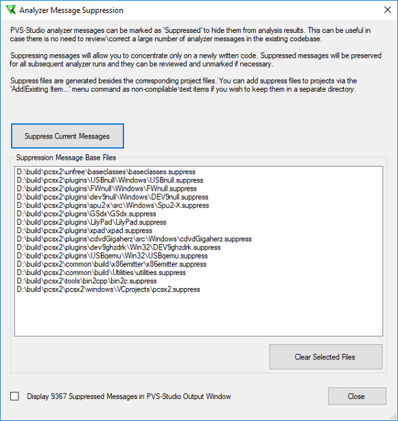 Как перешагнуть через legacy и начать использовать статический анализ кода - 3 Рисунок 2 - Окно для подавления предупреждений анализатора