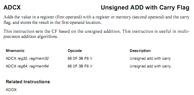 ADCX, Add with Carry Flag for Multi-Precision