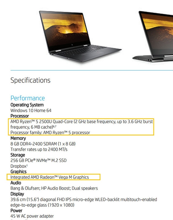 APU AMD Ryzen 5 2500U засветился в описании ноутбука HP Envy x360 15-bq101na