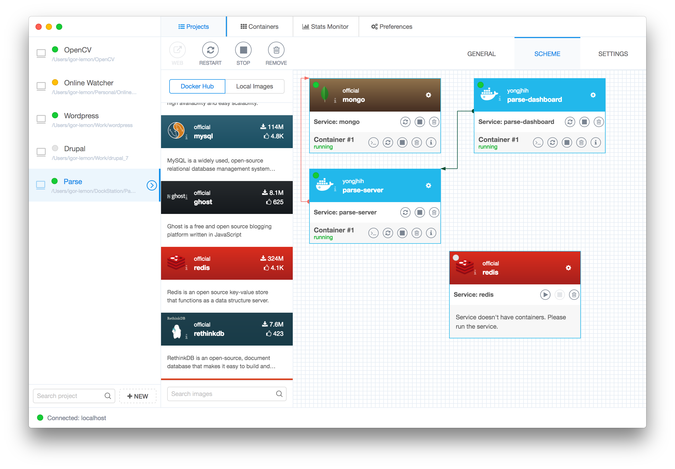 Скрипт контейнер. Redis web UI. Parse dashboard. Monitor stats. Kitematic.