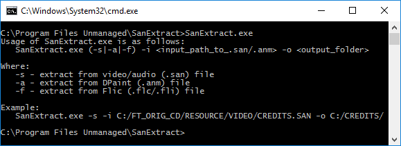 An example of SanExtract.exe command-line usage