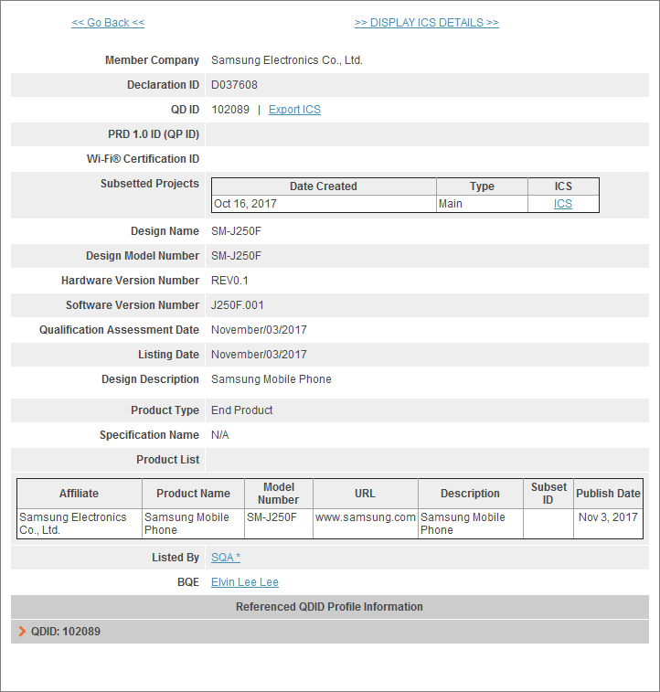 Технические характеристики Samsung Galaxy J2 Pro (2017) пока неизвестны