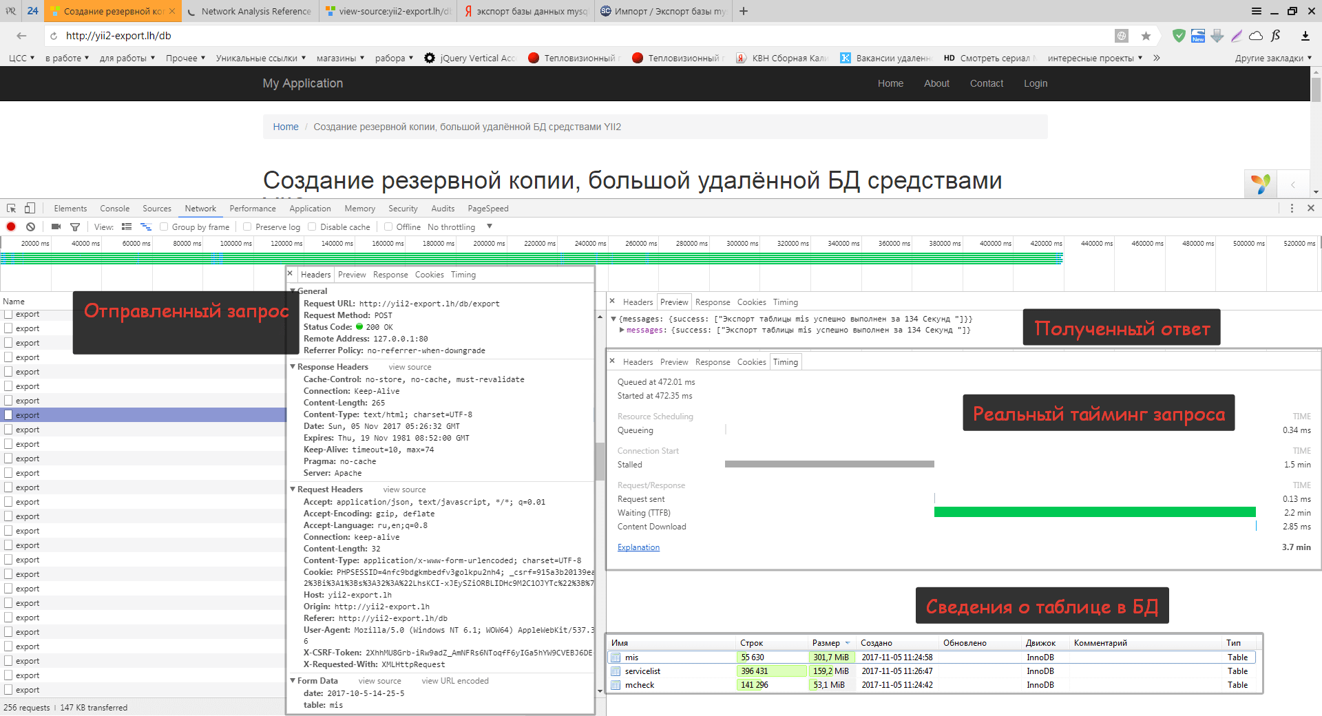 Рисунок 2. – Сведения об экспорте таблицы mis