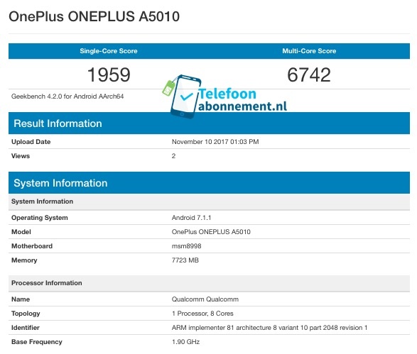 Смартфон OnePlus 5T с 8 ГБ ОЗУ протестирован в Geekbench