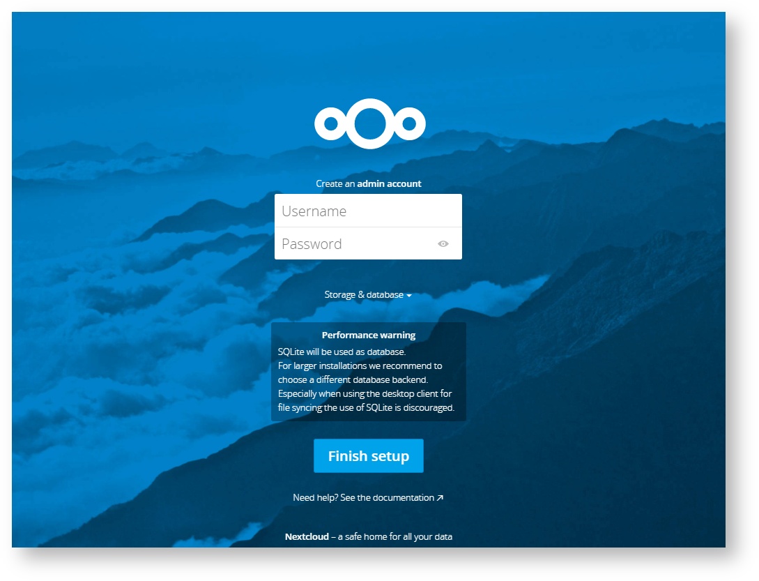 Откройте web-интерфейс Nextcloud и установите имя и пароль для администратора