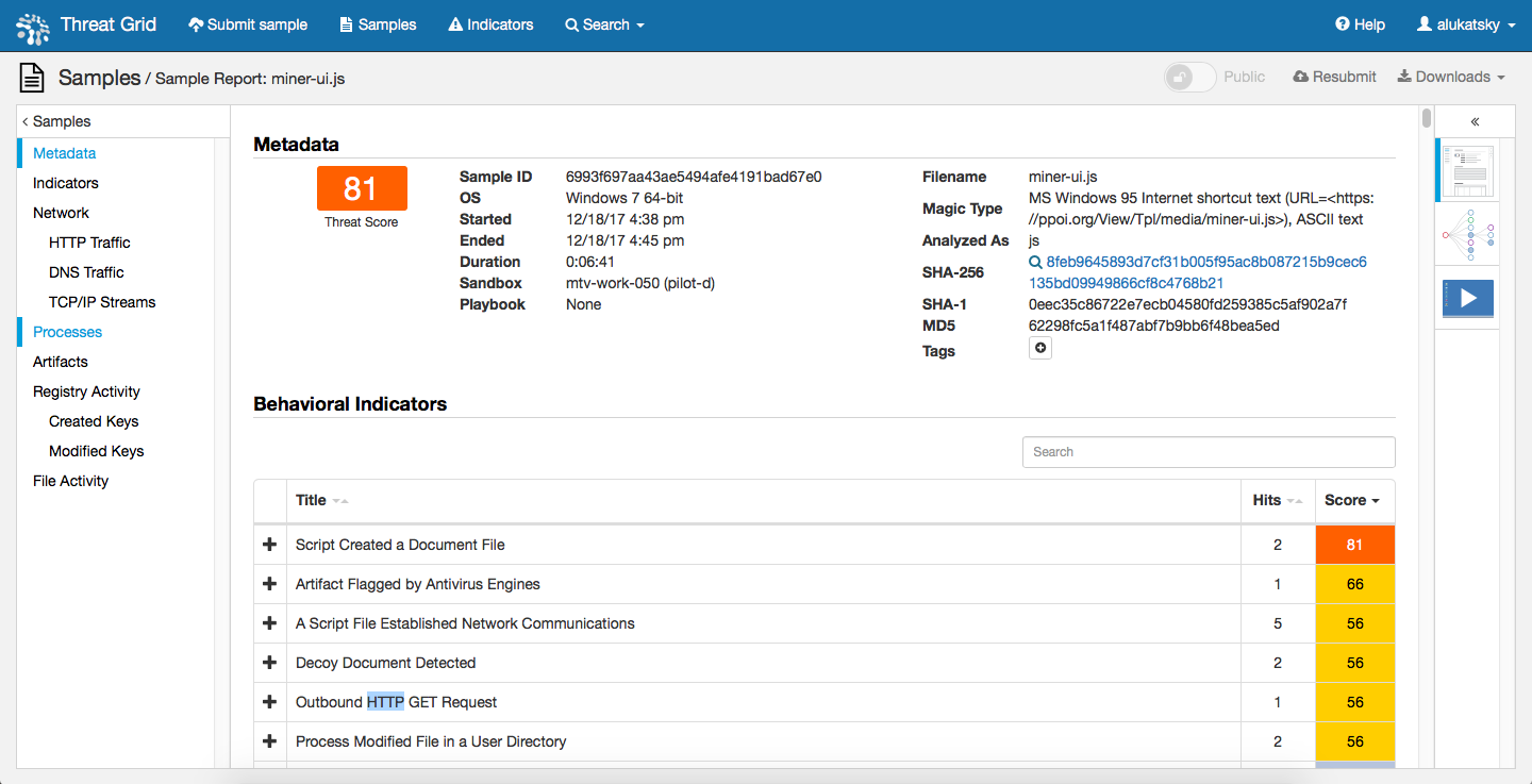 Артефакт, оставленный майнером, обнаруженный Cisco AMP Threat Grid