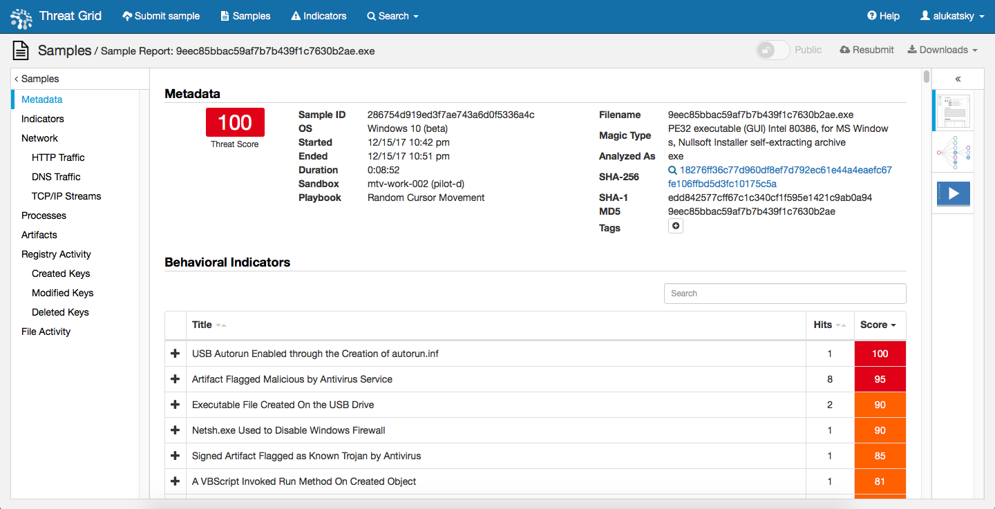 Cisco AMP Threat Grid анализирует файл