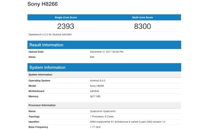 Geekbench подтверждает наличие SoC Snapdragon 845 в новом смартфоне Sony Xperia