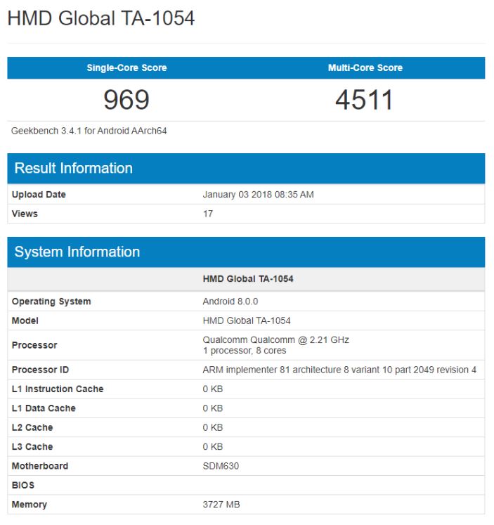 Смартфон Nokia 6 (2018) засветился в базе данных Geekbench