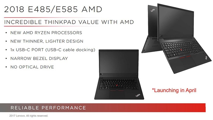 Lenovo готовит ноутбуки ThinkPad E485 и ThinkPad E585 на базе APU AMD Ryzen - 1