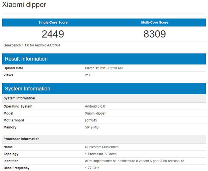 Xiaomi Dipper замечен в базе данных Geekbench