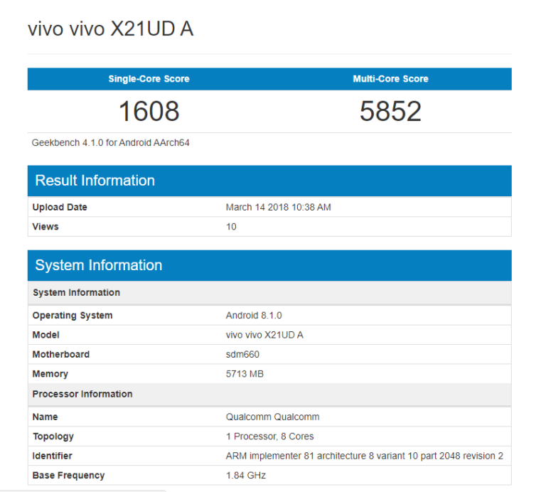 Смартфон Vivo X21 получил не Snapdragon 670, а Snapdragon 660