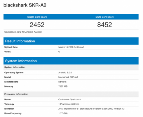 Игровой смартфон Xiaomi Blackshark протестирован в Geekbench