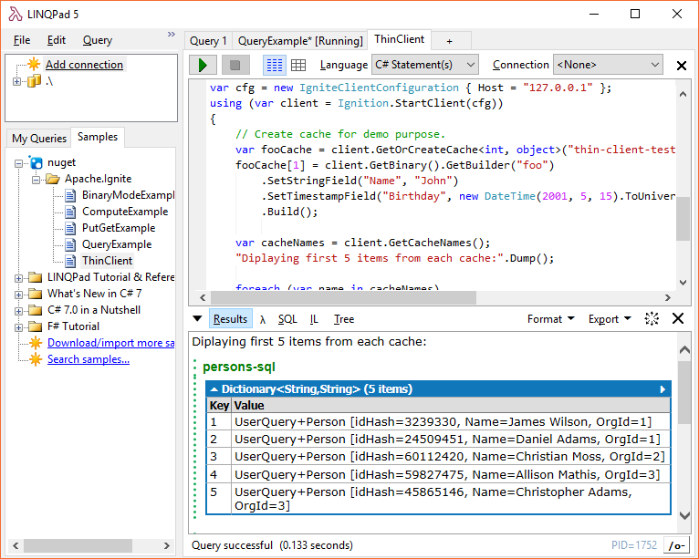 Ignite.NET Thin Client LINQPad Sample