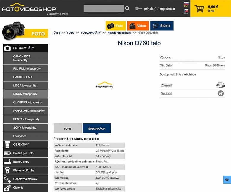 В словацком магазине ненадолго появилась страничка с данными камеры Nikon D760