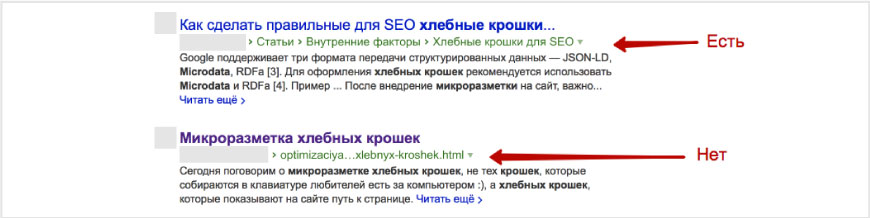Различие сниппета с и без микроразметки хлебных крошек Различие сниппета с и без микроразметки хлебных крошек
