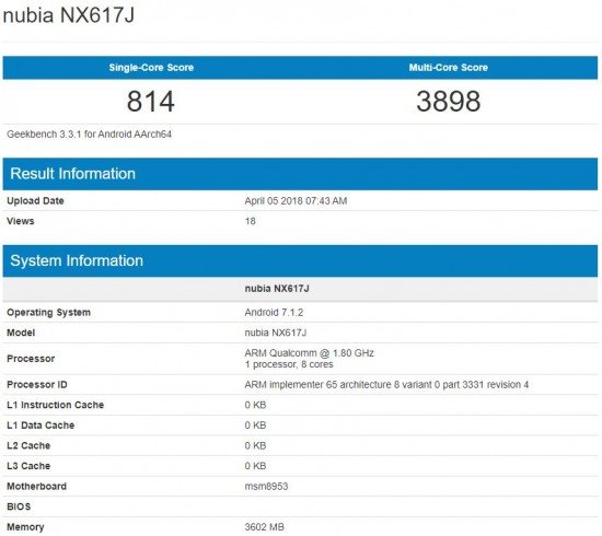 В базах TENAA и Geekbench появился загадочный смартфон ZTE Nubia NX617J