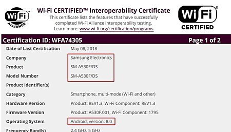 Смартфон Samsung Galaxy A8 (2018), замеченный на сайте Wi-Fi Alliance, работает под управлением Android 8.0