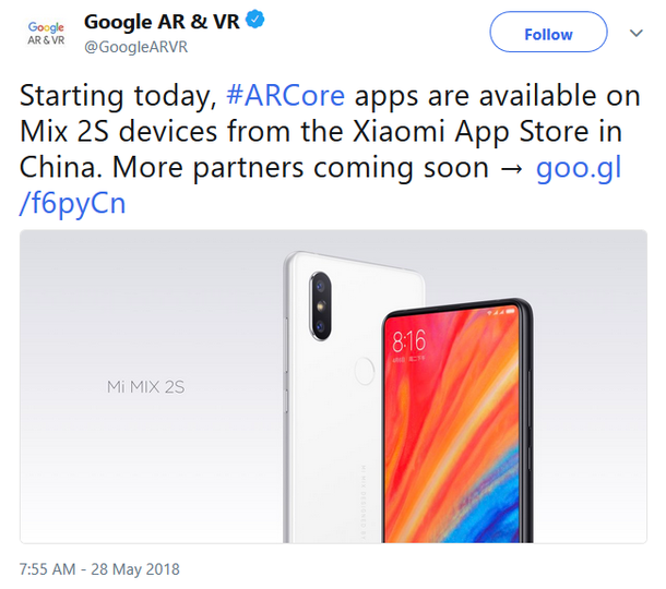 Xiaomi Mi Mix 2s стал первым смартфоном производителя, который получил поддержку ARCore