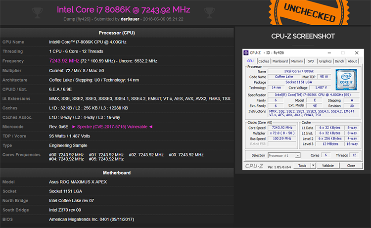 Core i7-8086K покорил частоту 7,24 ГГц