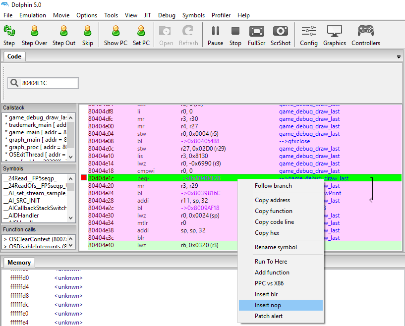 Dolphin debugger NOPping