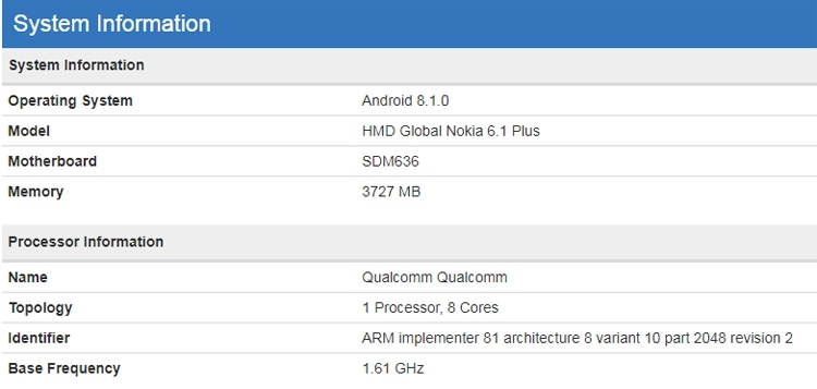 Смартфон Nokia 6.1 Plus показался в бенчмарке