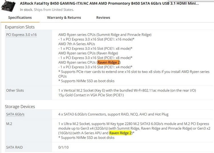 Плата ASRock Fatal1ty B450 Gaming-ITX/AC поддерживает загадочные процессоры Raven Ridge 2