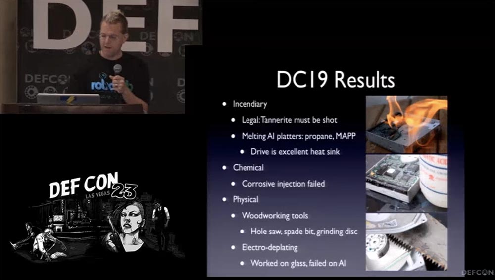 Конференция DEFCON 23. Как я потерял свой второй глаз, или дальнейшие исследования в области уничтожении данных. Часть 1 - 3 Конференция DEFCON 23. Как я потерял свой второй глаз, или дальнейшие исследования в области уничтожении данных. Часть 1 - 3