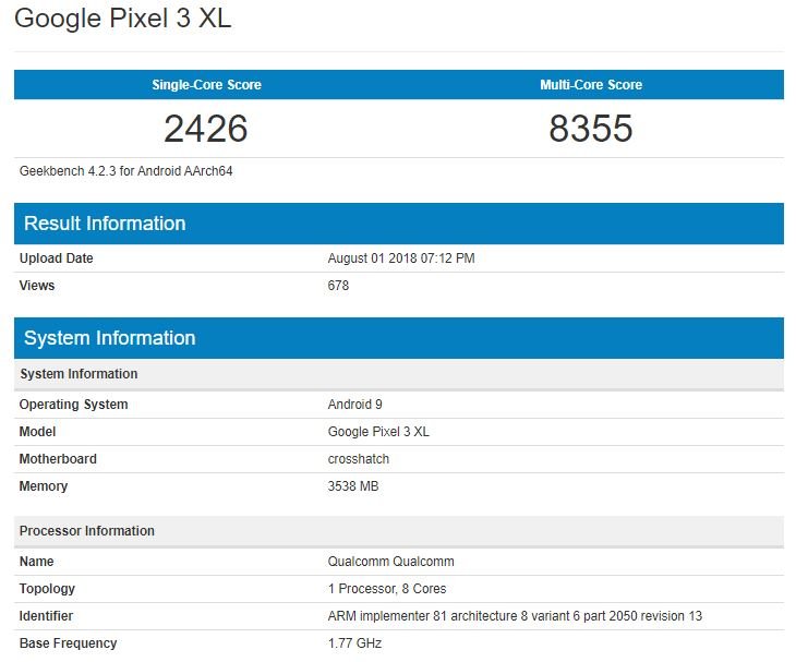 Google Pixel 3 XL протестирован в Geekbench