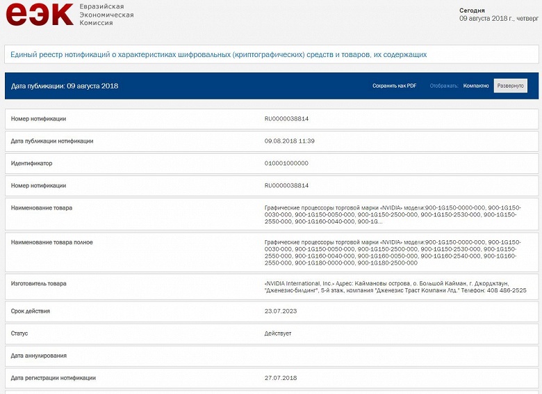 Карты Nvidia GeForce и Quadro следующего поколения зарегистрированы в ЕЭК