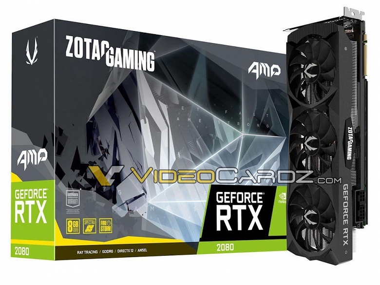 Общей особенностью 3D-карт Zotac GeForce RTX 2080 Ti и RTX 2080 AMP станет удлиненная система охлаждения